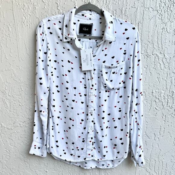 Rails Rocsi Heart Print Long Sleeve Curved Hem Button Down Shirt Top Women's XS - Picture 3 of 7